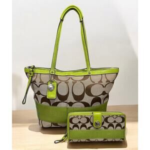 Y2K Coach F13548 Signature Stripe Tote Bag & F42628 Zip Around Wallet